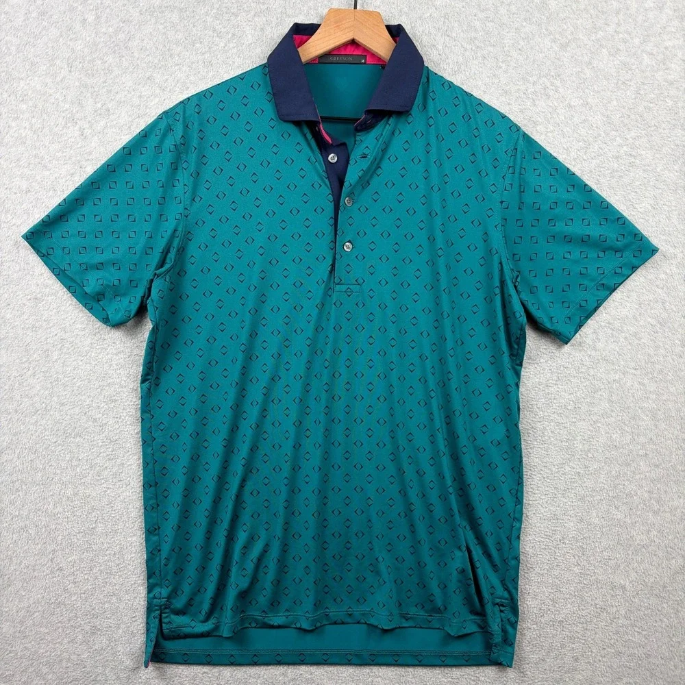Greyson Polo Shirt Mens Medium Teal Geometric Golf Performance Stretch